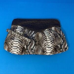Giannini Faux Python & Ostrich Embossed Wristlet Clutch - Brown/Cream